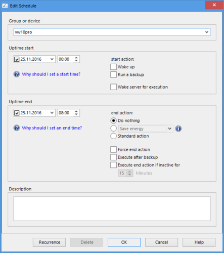 client computer schedules with end actions