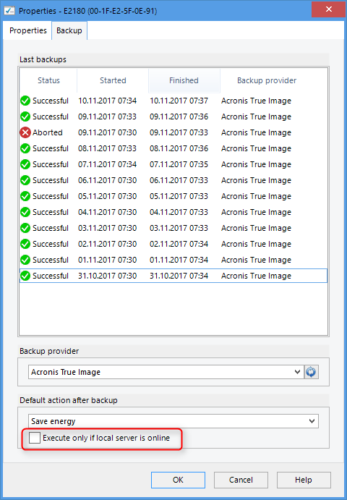 Standardaktion nach Datensicherung (Dashboard und Konsole)