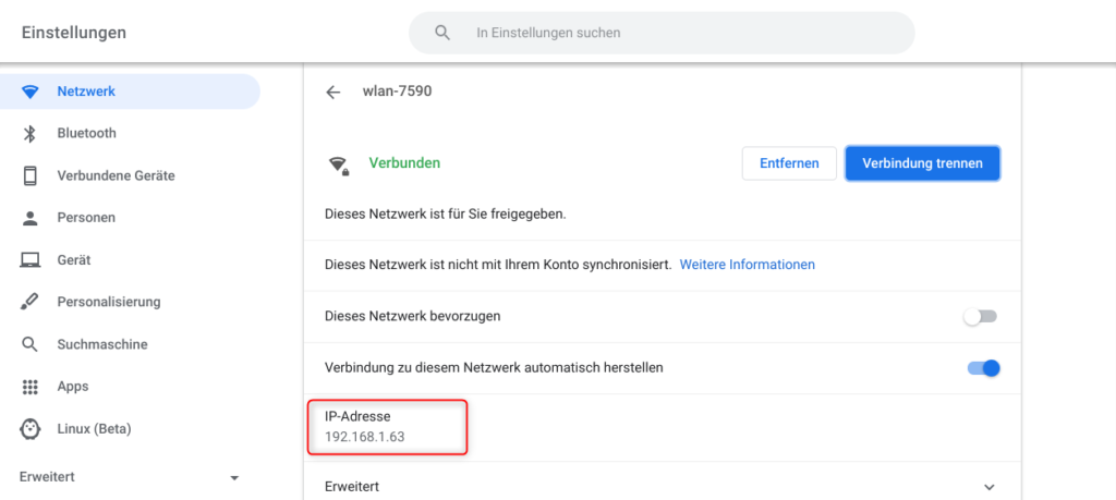 Chromebook WLAN Eigenschaften mit IP-Adresse