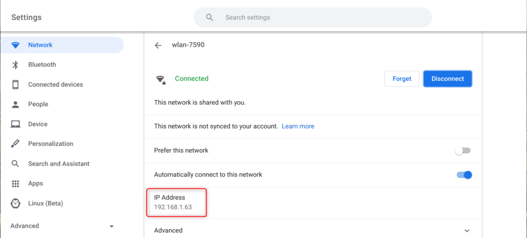 Chromebook connected network properties