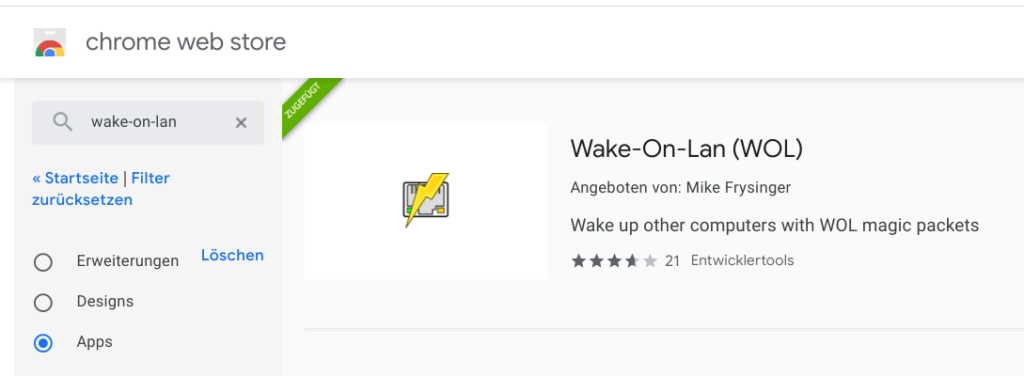 Wake-On-Lan Erweiterung im Chrome Web Store